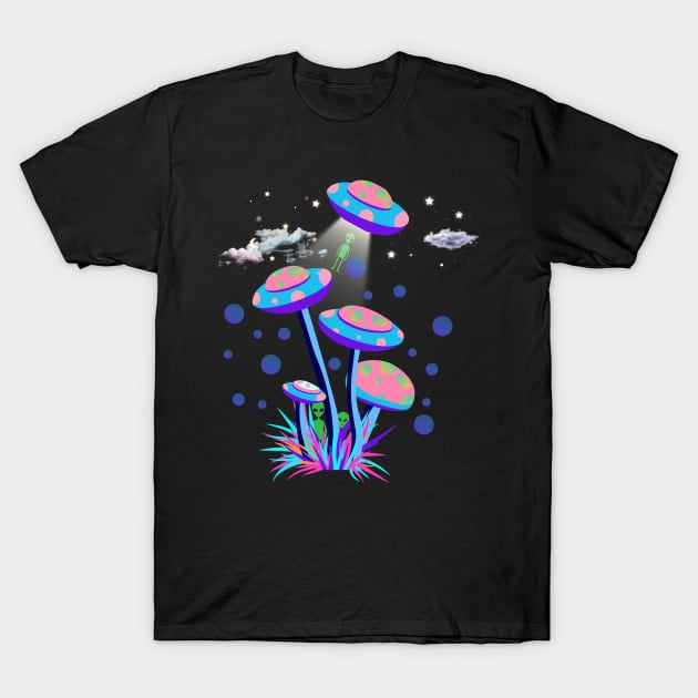 Mushroom UFO and Aliens T-Shirt by Fj Greetings